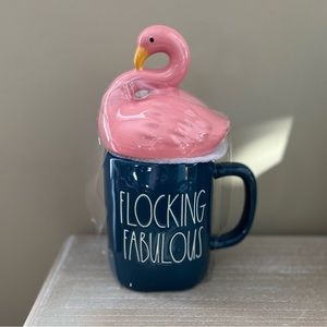 🆕 Rae Dunn Flocking Fabulous Pink Flamingo Ceramic Coffee Mug and Topper Lid